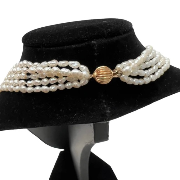 VINTAGE 5 STRAND RICE FRESHWATER PEARL 18" NECKLACE WITH 14k BALL CLASP CLOSURE - Picture 4 of 12